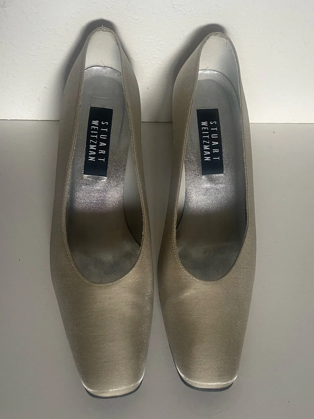 Stuart‎ Weitzman Champagne Satin Square Toe Block Heel Pumps Womens
